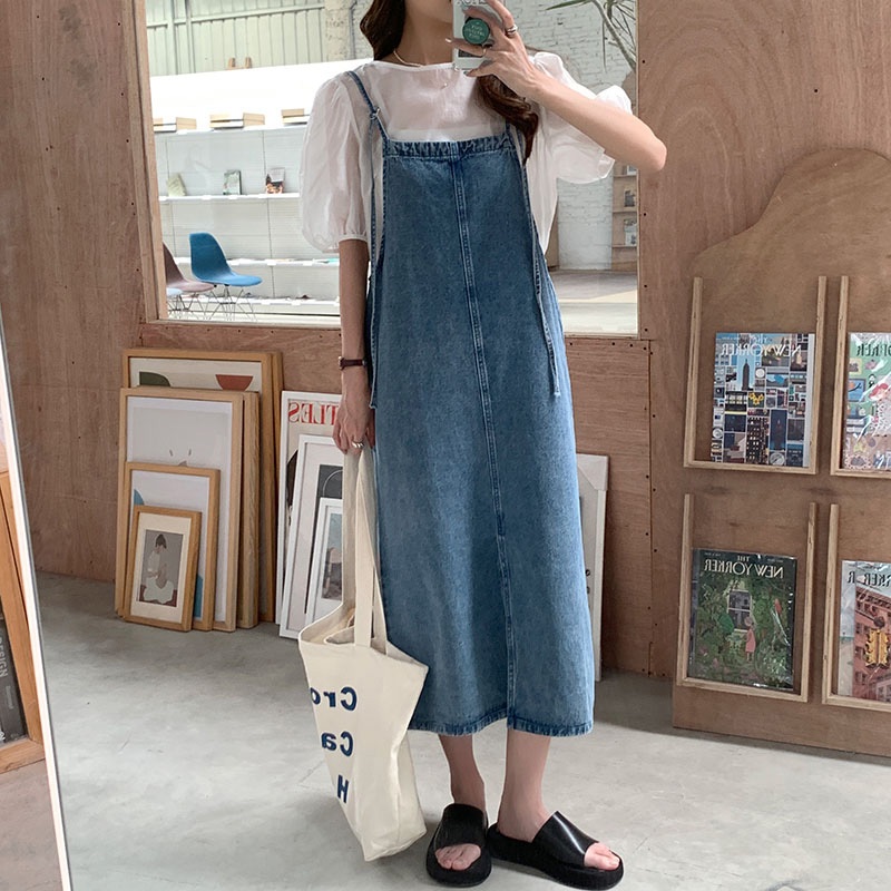 Jual Keygirl Jumbo midi dress denim rok overall dress jeans belah ...