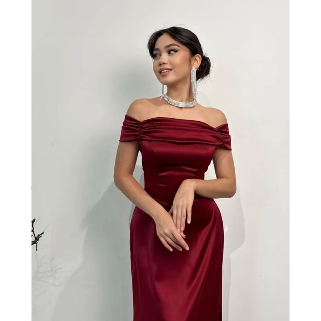 Jual Gaun Merah Satin Ruffle Lengan Pendek Baju Dress Satin Silk ...