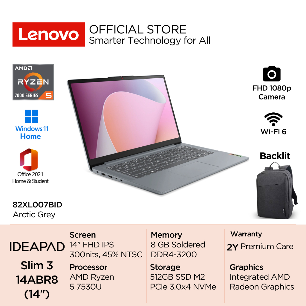 Jual Lenovo IdeaPad Slim 3 14ABR8 AMD Ryzen 5 7530U Win11 Home 8GB