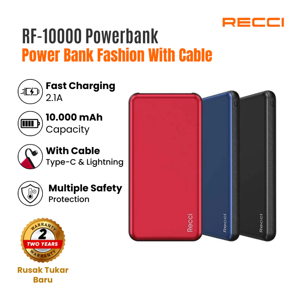 Fashion Powerbank RECCI 10000mAh Type-C and Iphone RF-10000 Biru/Hitam/Merah