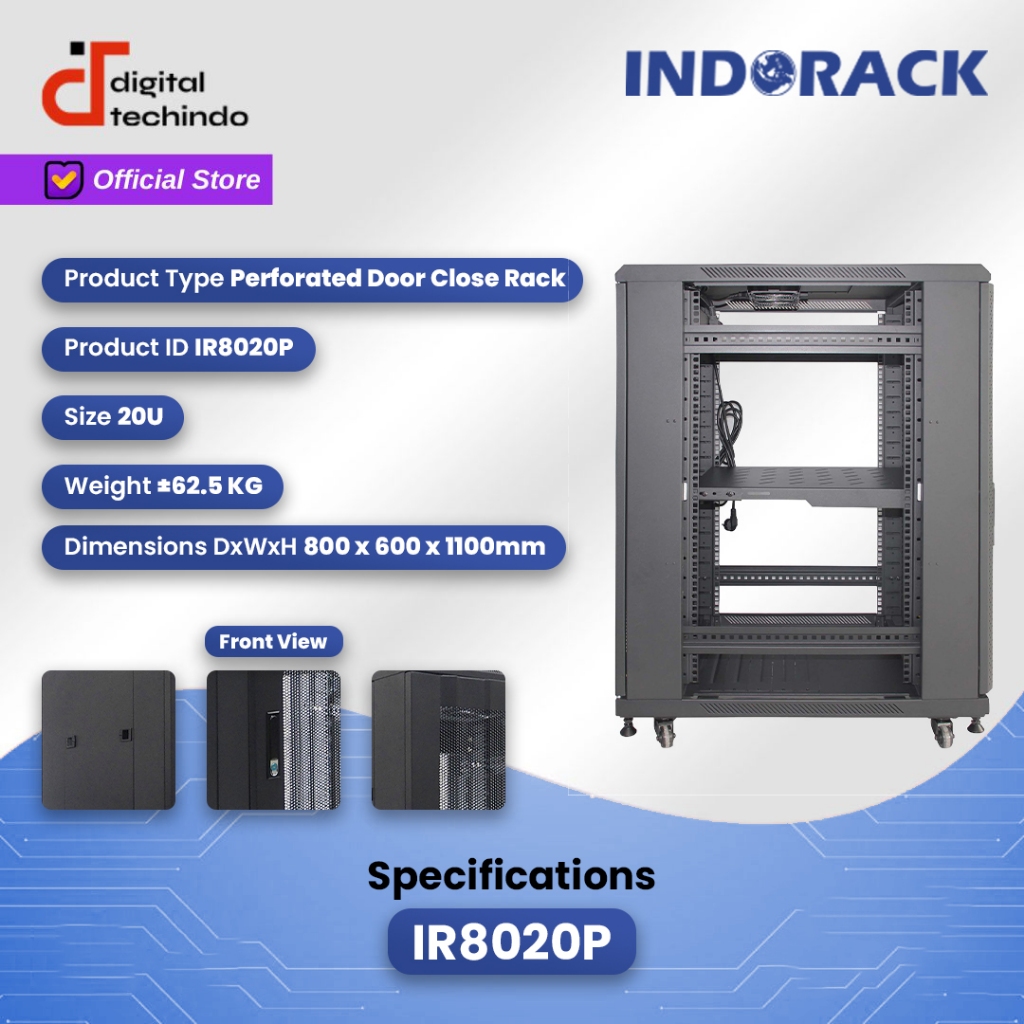 Jual IR8020P Close Rack 20U INDORACK Depth 800mm Perforated Door Rak ...