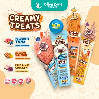 Olive Care SINGLE CREAMY TREATS 16gr & 20gr Snack Cemilan Kucing Bernutrisi dengan Daging Tuna/Salmon/Ayam Asli & Highbush Blueberry/Winter Squash/Red Spinach