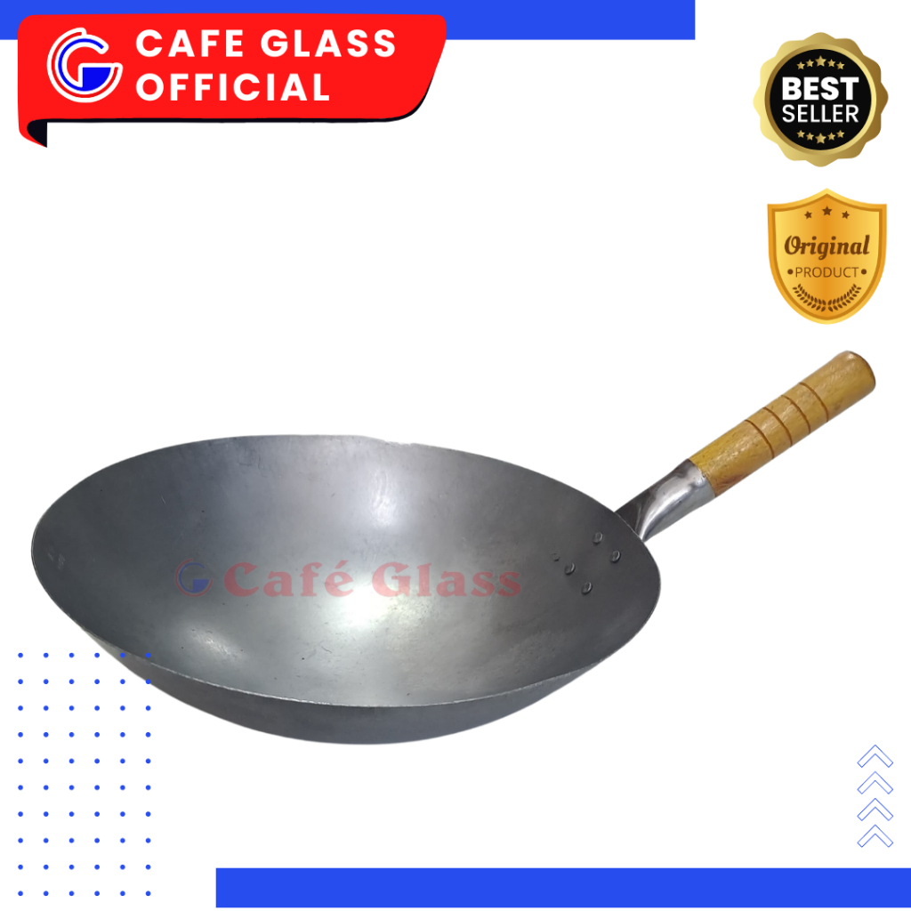 Wajan Wok Plat Gagang Kayu - Wok Nasi Goreng - Wajan Plat Anti Lengket Gagang Satu Tebal 1.2Mm