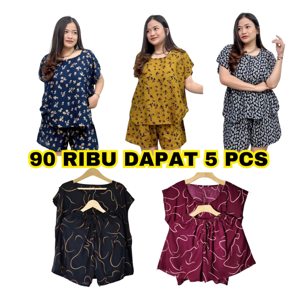 Paket Usaha 5 Pcs One Set Wanita Kekinian Korean Style Remaja Terbaru Piyama Setelan Baju Tidur | AutoStock