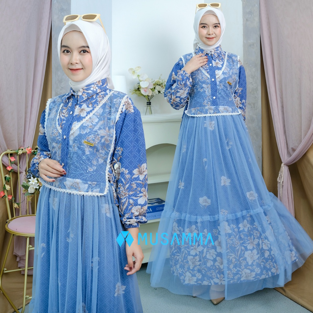 Jual GHINA DRESS - Gamis Ceruty Print Full Furing Mix Tile Renda Busui ...