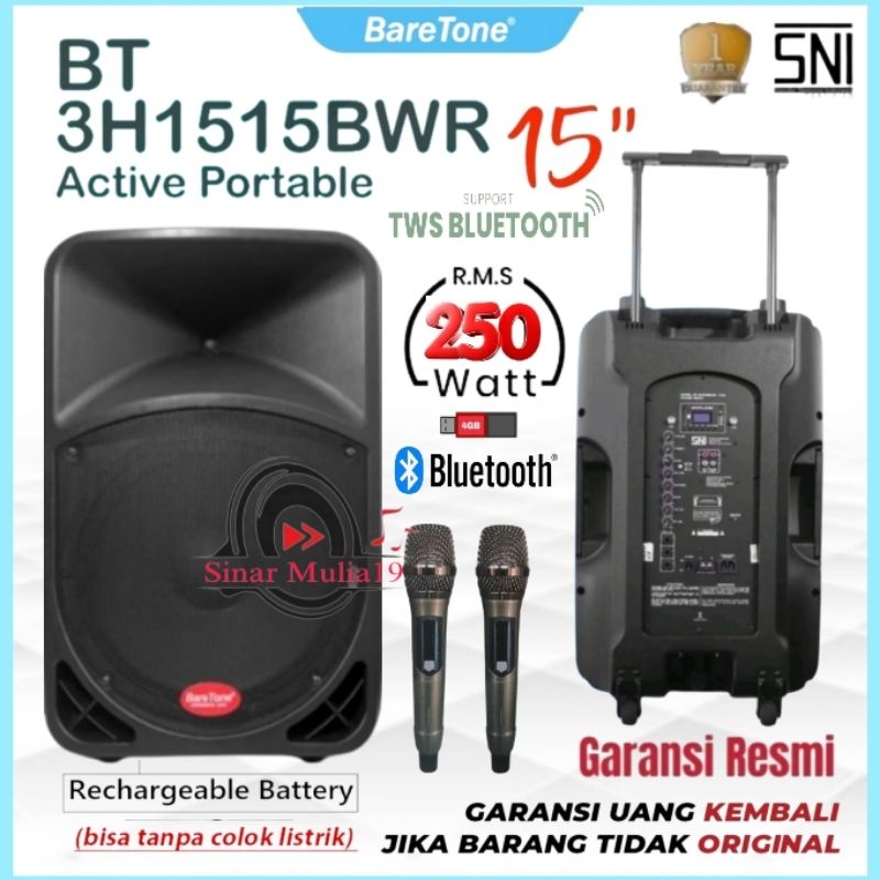 Speaker Portable Aktif 15 Inch RMS 250 Watt BARETONE BT-3H1515BWR 15BWR  Original Bluetooth TWS