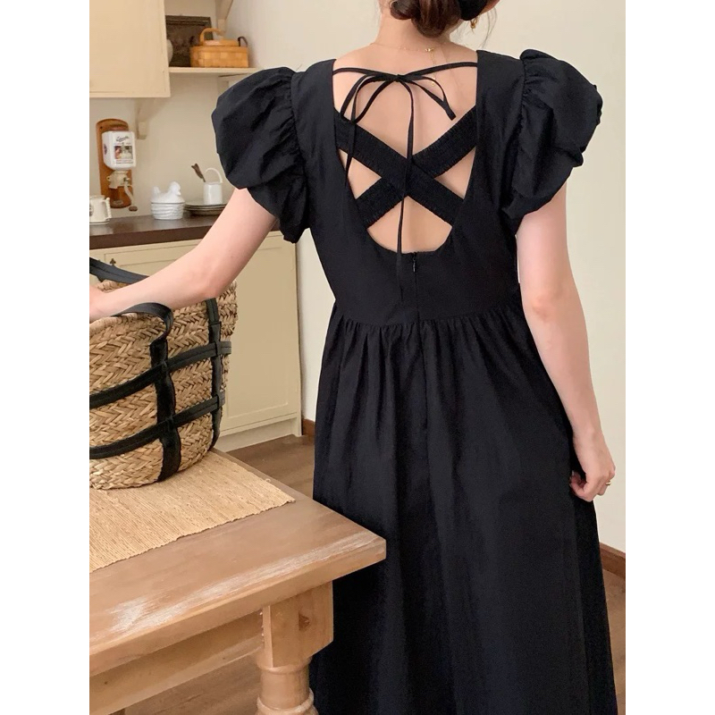 midi dress vintage korean sabrina Jual Korean vintage midi dress sabrina motif flower square neck / Gaun  wanita murah bergaya Korea kekinian motif bunga impor