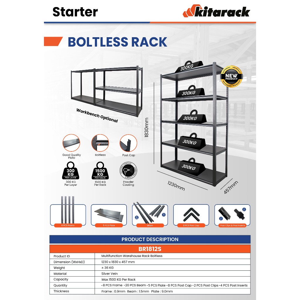 Jual BR1812S Kitarack Boltless Rack 300KG / Layer - Rak Gudang 5 Layer ...