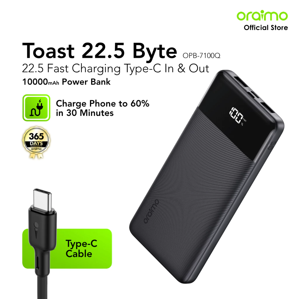 oraimo Powerbank 10000 mAH Kapasitas Nyata Real Capacity Toast 22.5 Byte OPB-7100Q LED DISPLAY Dual Port USB Ganda
