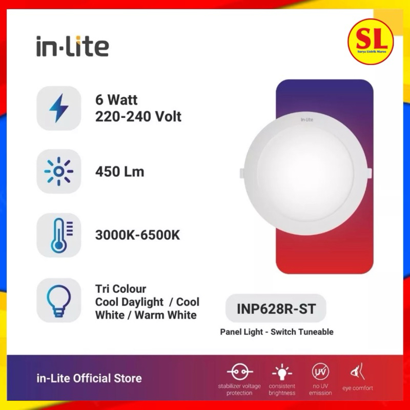 Jual INLITE LAMPU LED DOWNLIGHT TRICOLOR PANEL INBOW 6 WATT BULAT ...