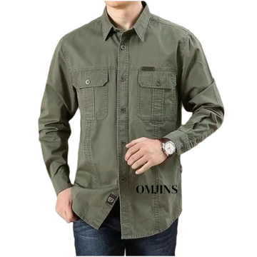 OMJINS Kemeja Lengan Panjang Pria Kemeja Kerja Polos Kemeja Tactical Outdoor Lapangan