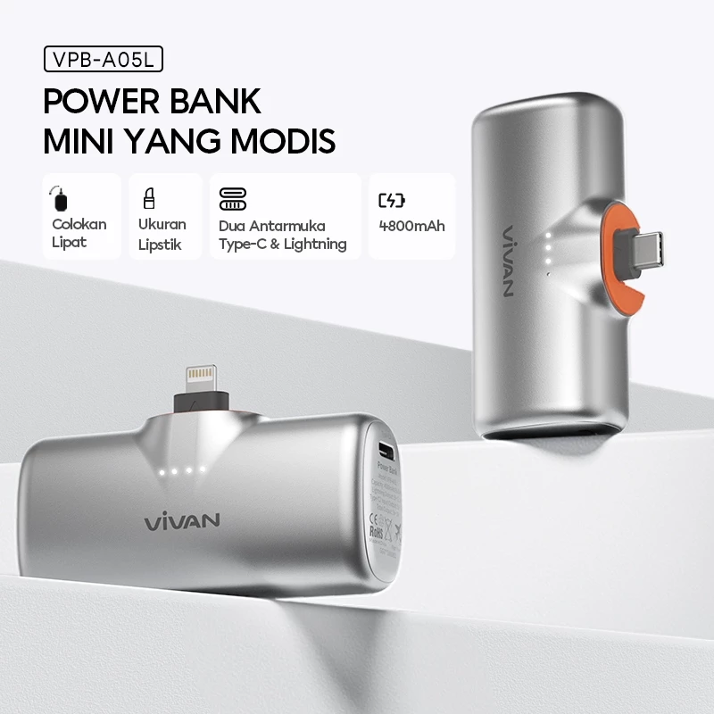 VIVAN Super Mini Powerbank VPB-A05 | 4800 mAh Type-C Lightning | Travel Size - Garansi 18 Bulan
