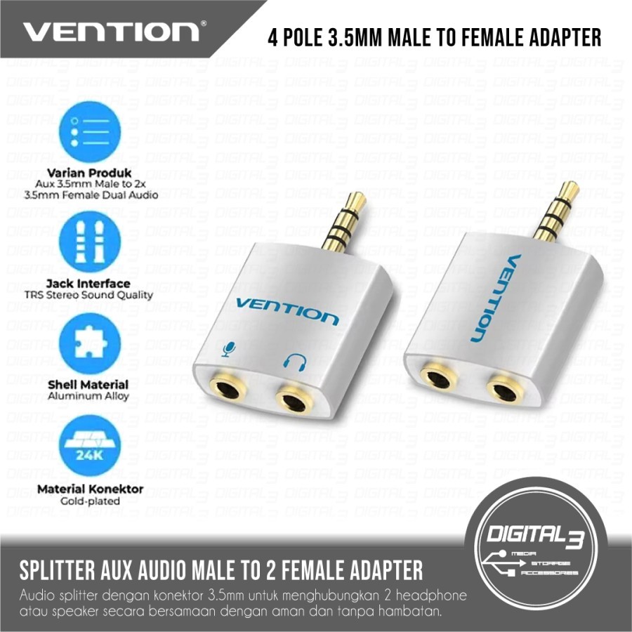 Jual VENTION Audio Splitter AUX Jack 3.5mm Male to Dual Female Adapter ...