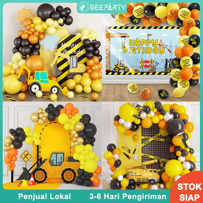 GeeParty Tema Konstruksi Kit Lengkungan Balon Balon Kuning Hitam Oranye Kuning untuk Perlengkapan Dekorasi Pesta Ulang Tahun Anak