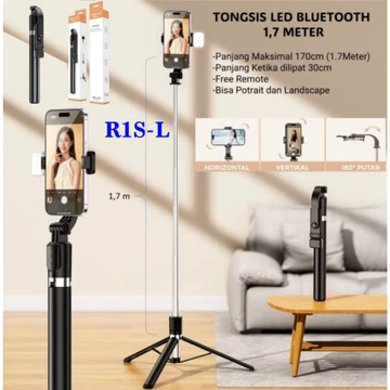 Tripod Tongsis Bluetooth 4in1 R1S L Tongsis Remote Shutter Lampu Led 170CM Selfie Stick 360