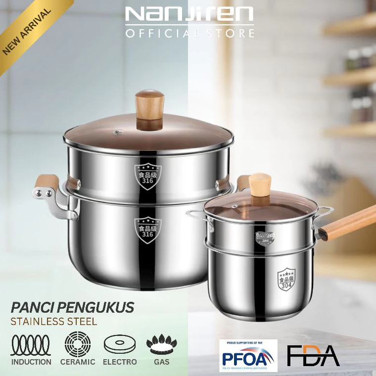 Nanjiren panci kukusan steam pot panci kukus set 2 susun 16/18/20cm full