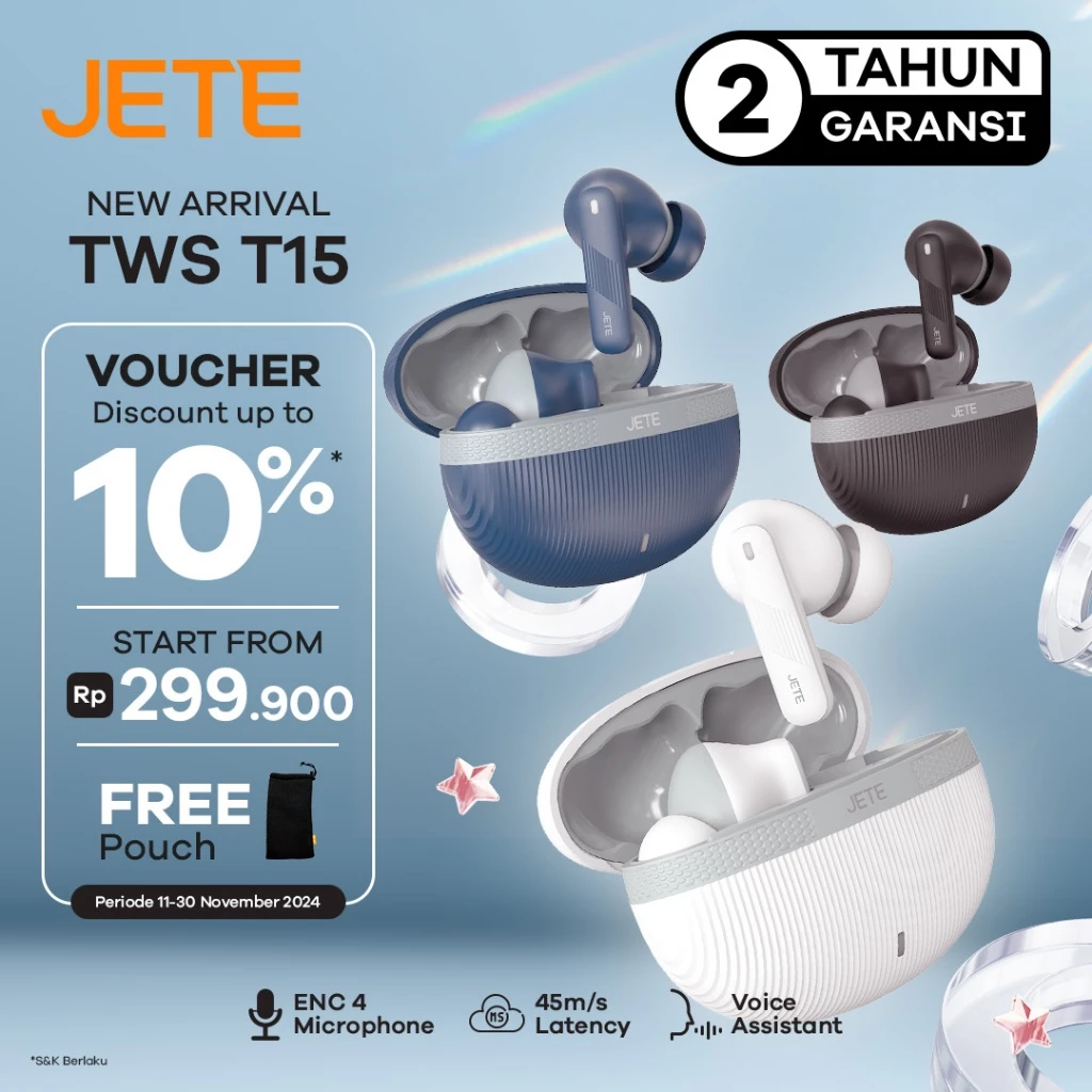 TWS Bluetooth ENC with 4 Mic JETE T15 BT 5.4 IPX5 Playtime 24H - Garansi 2 Tahun