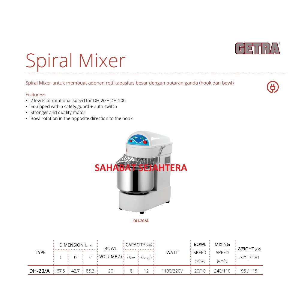Jual GETRA Spiral Mixer DH-20A Mesin Pengaduk Adonan Roti & Kue Kap ...