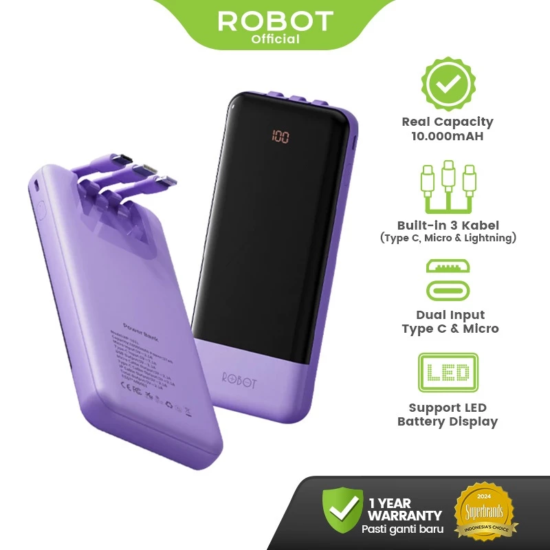 Powerbank ROBOT 10000mAH RP-101L 2.1A 3 Kabel Built-in Type C Lightning Micro Original