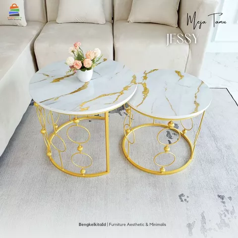 Meja Tamu Aesthetic Bulat Set Isi 2 - MEJA JESSY - Mewah Aksen Cincin Rantai Gold Putih