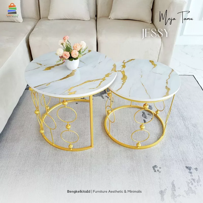 Meja Tamu Aesthetic Bulat Set Isi 2 - MEJA JESSY - Mewah Aksen Cincin Rantai Gold Putih