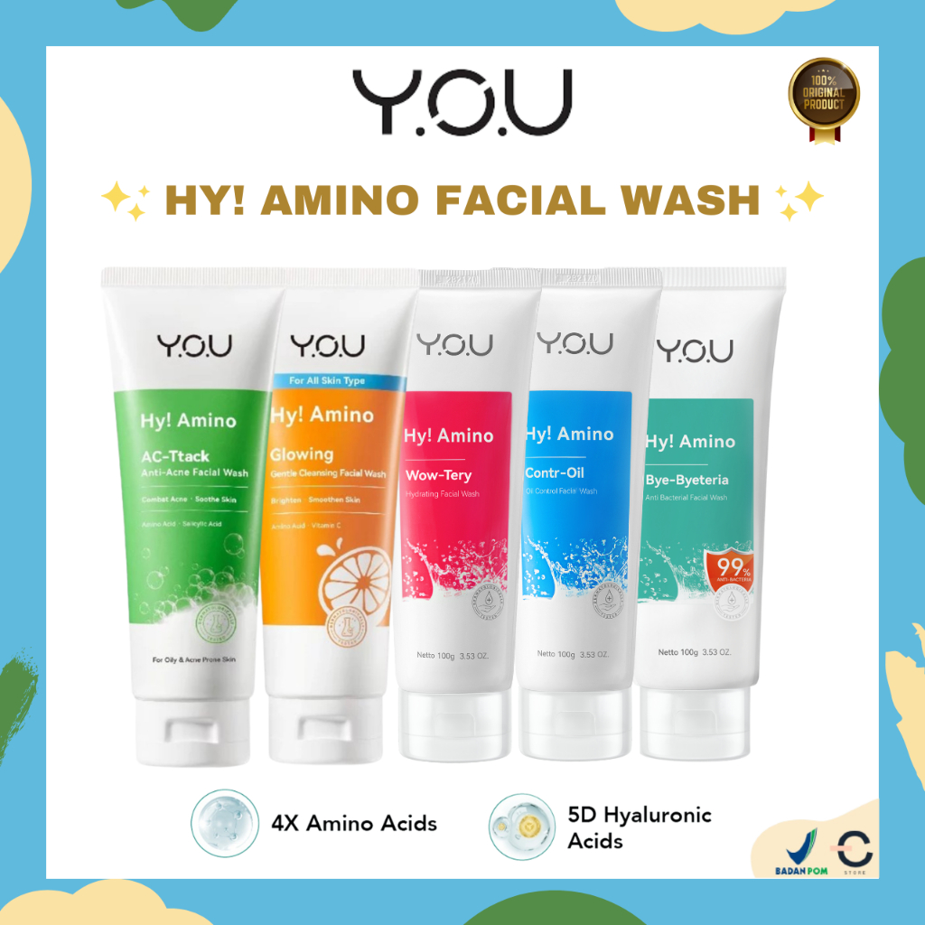 [ORI BPOM] YOU Hy! Amino Facial Wash 100g 50g | Anti Acne, Hydrating, Brightening, Oil Control | Sabun Cuci Muka | Pembersih Wajah