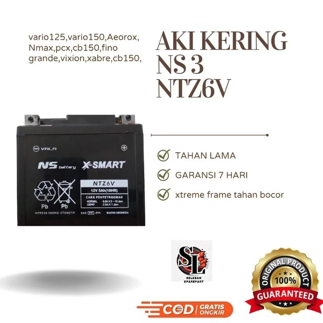Aki Kering NS accu motor NTZ6V12v5ah Accessories Motorcycle NMax,Vario,Aerox,pcxKendaraan - Sepeda Motor