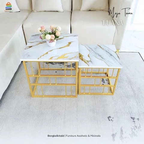 Meja Tamu Aesthetic Meja Persegi Set 2in1 - MEJA LUANA - Samping Sofa Besi Beton Marmer Mewah
