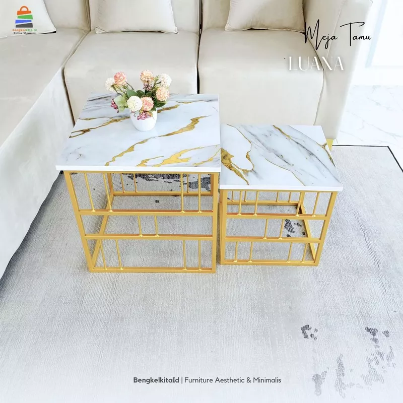 Meja Tamu Aesthetic Meja Persegi Set 2in1 - MEJA LUANA - Samping Sofa Besi Beton Marmer Mewah