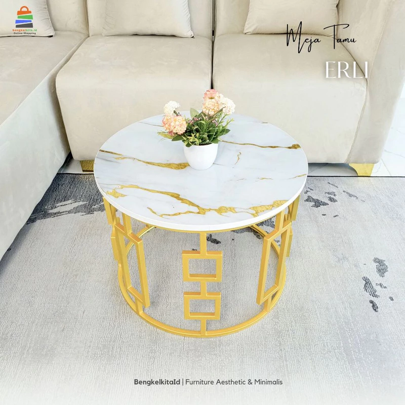 Aesthetic Round Coffee Table Side Desk - MEJA ERLI - Modern Minimalist Besi Holo Gold