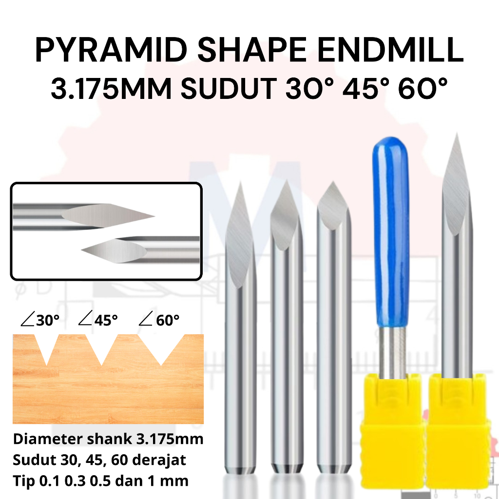 Jual Mata Grafir V CNC router bit 3 sisi bentuk piramid carbide 3.175mm ...
