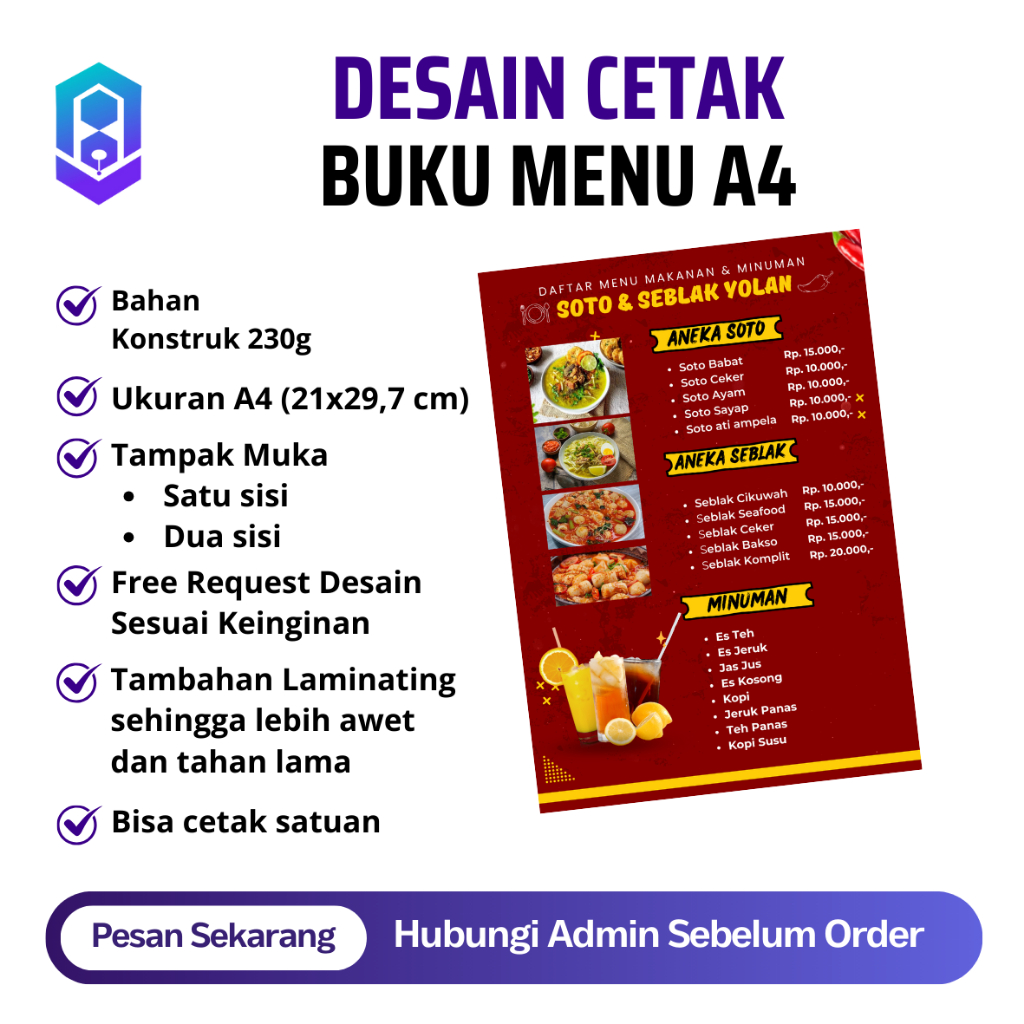 Jual Desain Cetak Daftar Menu A4 | Cetak Satu Sisi, Cetak Dua Sisi ...