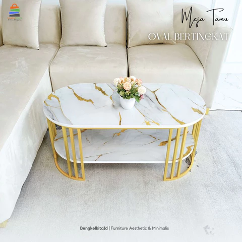 Meja Sofa Milea Oval Aesthetic, Meja Ruang Tamu Minimalis, Meja Tamu, Marmer Putih/Hitam Gold Resin, Besi Gold/Rose Gold