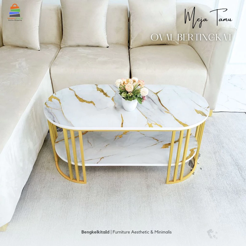 Meja Sofa Milea Oval Aesthetic, Meja Ruang Tamu Minimalis, Meja Tamu, Marmer Putih/Hitam Gold Resin, Besi Gold/Rose Gold