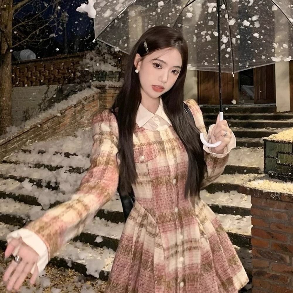 Susana ID Long Sleeve Korean Style Thick Tweed Mini Dress D161
