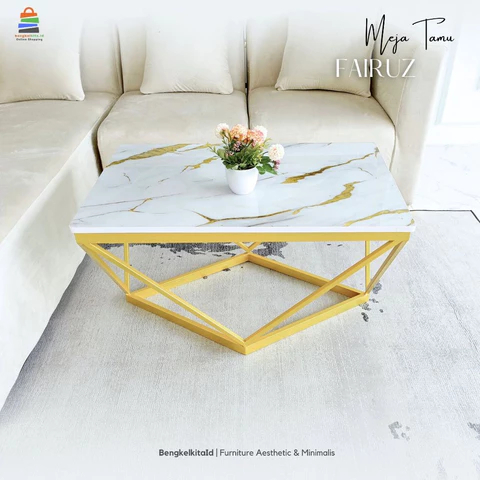 Meja Tamu Aesthetic Meja Sofa Minimalis - MEJA FAIRUZ - Persegi Panjang Besi Holo Marmer
