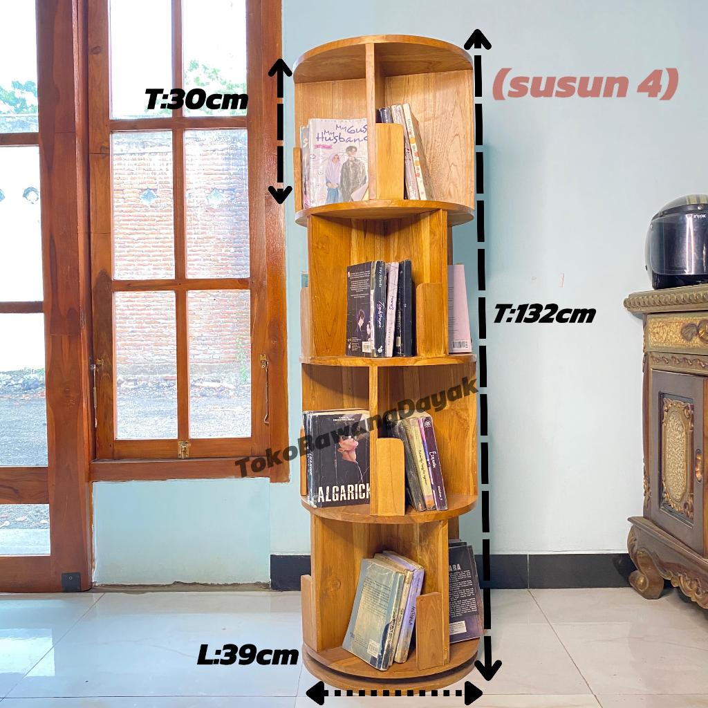 Jual Rak Buku Putar 360 Derajat Rotating Book Shelf kayu jati 4 tingkat ...