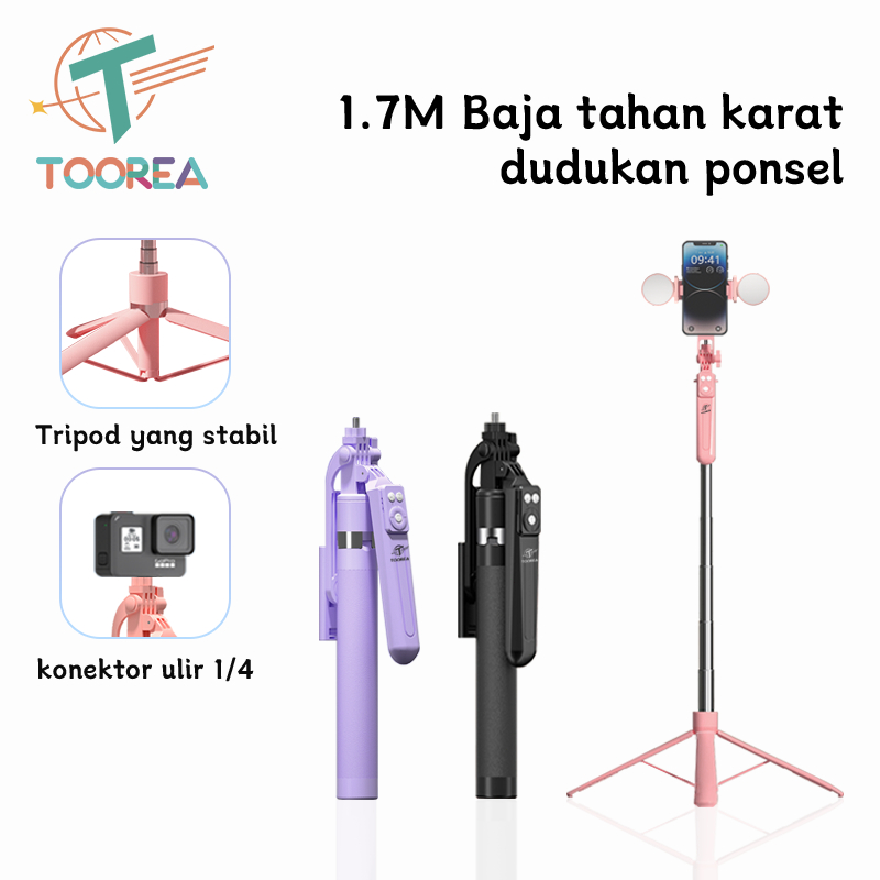 TOOREA B16 170cm Selfie Stick Tripod Tongsis HP Kamera DSLR Tongsis HP Holder Dengan 7 Tombol Remote Control Bluetooth 1/4 Adaptor Tongkat Selfie Portable Lampu LED