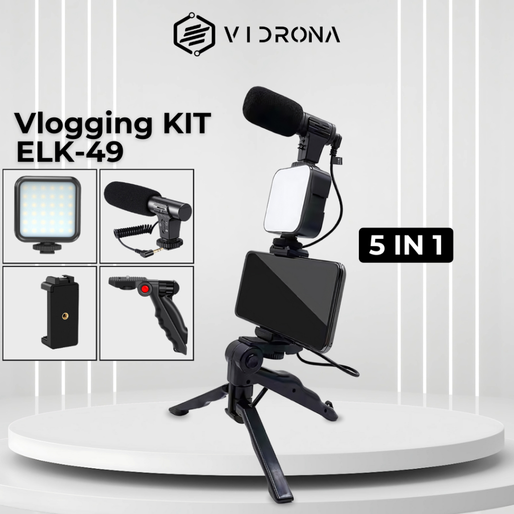 VIDRONA ELK-49 Paket Vlogging 5-in-1: LED Light, Tripod, Phone Holder,  Mikrofon