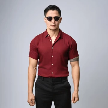 VENGOZ Kemeja Pria Pendek Slim Fit Viscose Red Wine SS