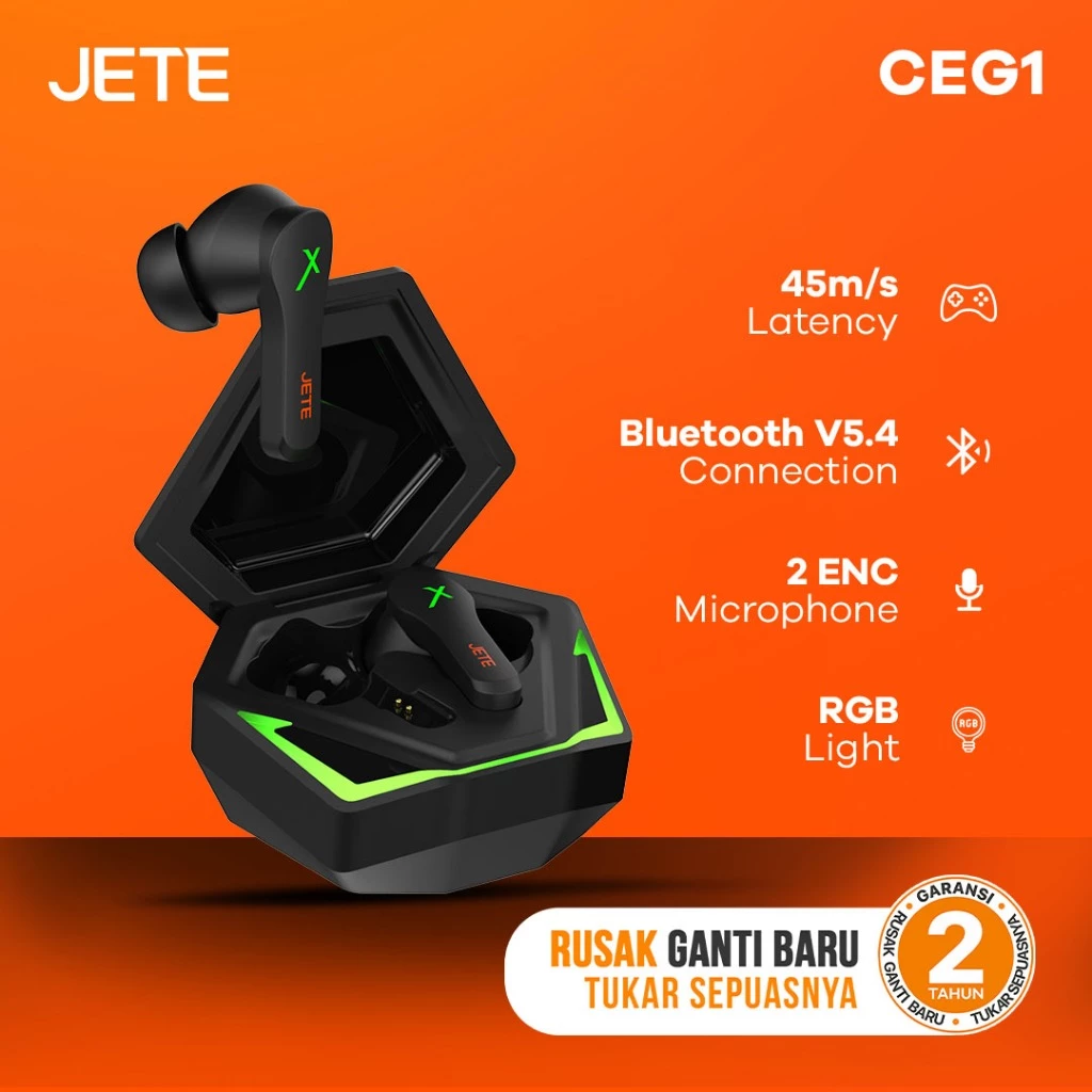 JETE CEG1 TWS Earbuds Gaming Headset Wireless Bluetooth 5.4 Playtime 24H IPX5 ENC RGB - Garansi 2 Th