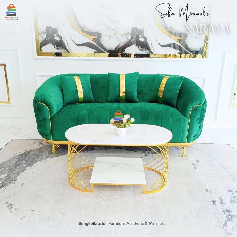 Sofa Ruang Tamu Aesthetic Minimalis Elegan - SOFA NARAYA - 1 2 3 Seater Kayu Solid Kain Bludru