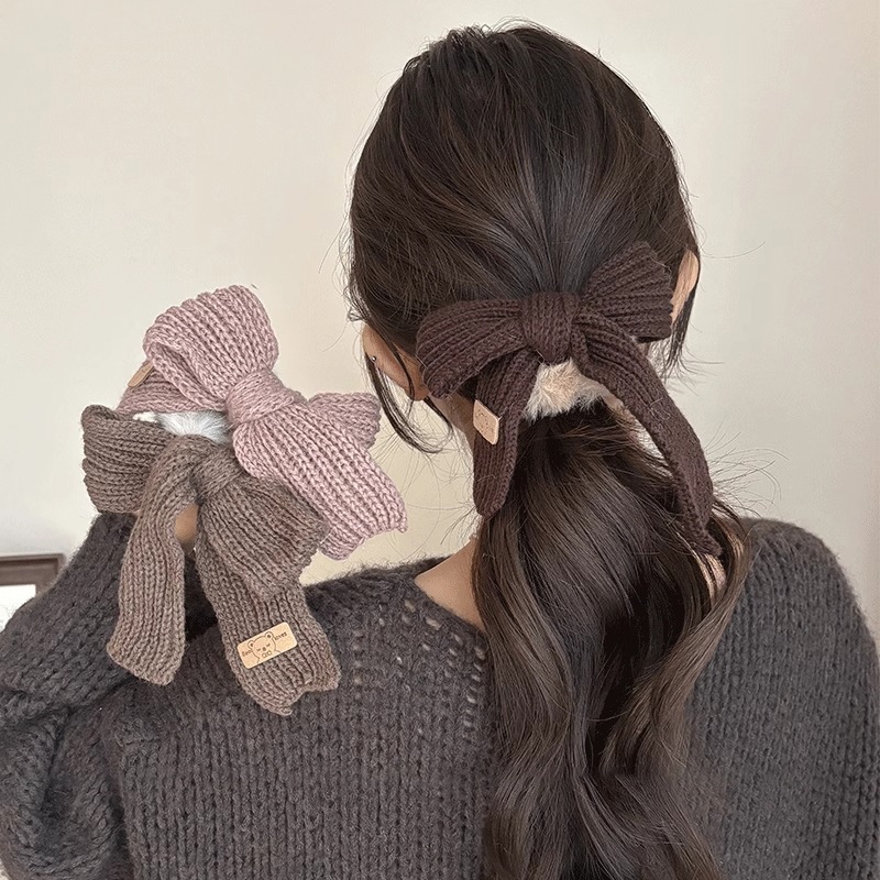 Jual Ikat Rambut Pita Rajut Wol Solid Bowel Hair Rings Knitted Wool Bow ...
