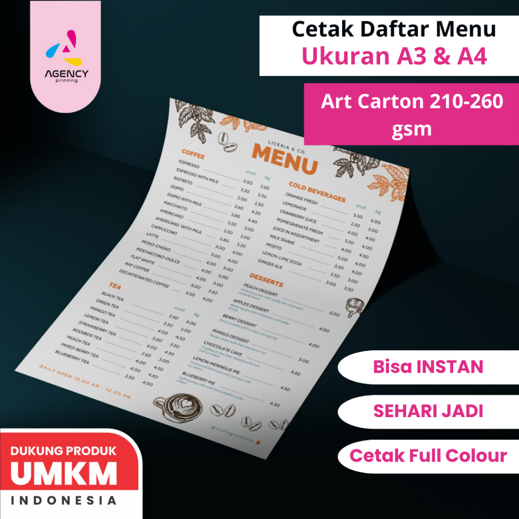 Cetak Daftar Menu Cafe Restoran – Print Custom A3+ Art Carton Full Color