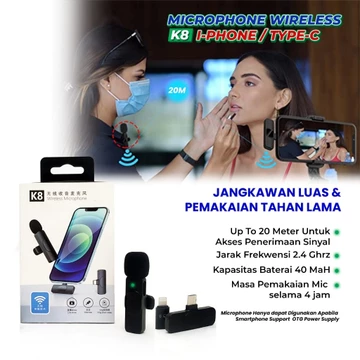 Mikrofon Nirkabel Portabel Mic Audio Pembuatan Vidio Rekaman Microphone Wireless K8 I Phone