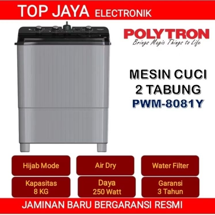 Jual mesin cuci polytron 8kg pwm-8081y/polytron 2 tabung 8kg pwm8081y/v ...