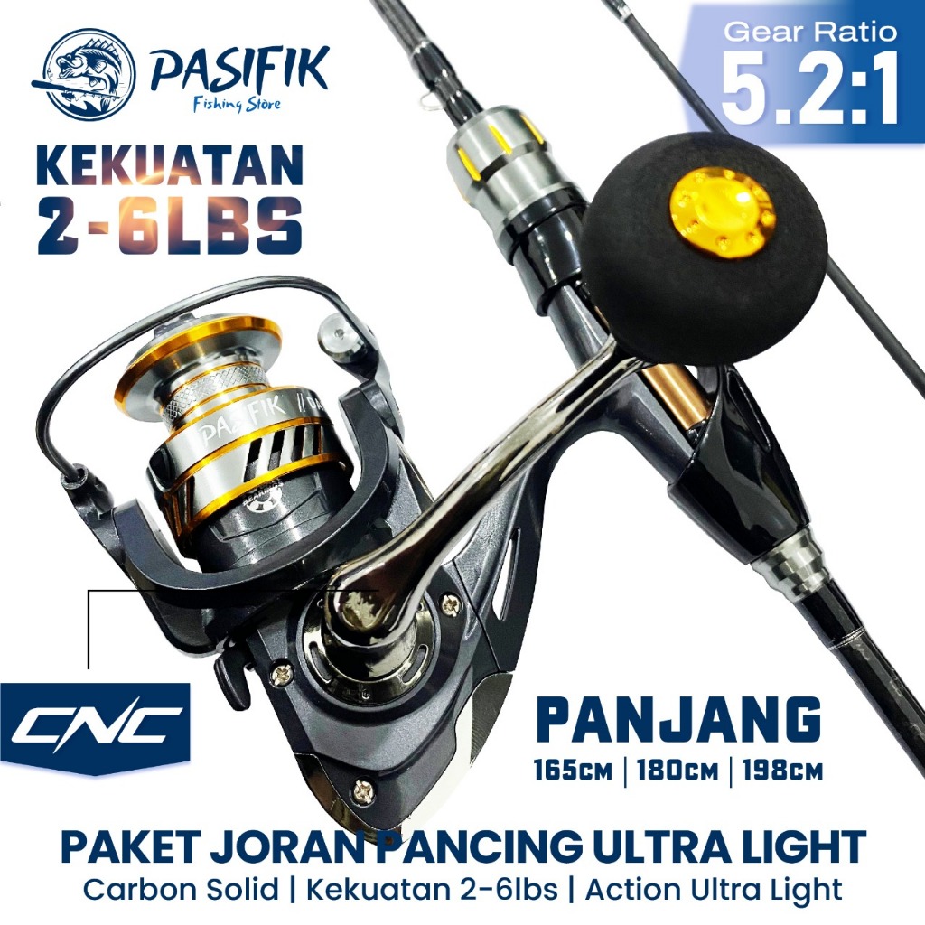 Paket Set Alat Pancing Spinning Gold Action Light Carbon Solid 2-6lbs dengan Reel Pancing Series DA