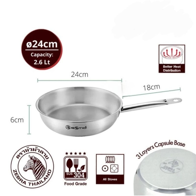 Jual Fry Pan ZEBRA ESTIO 24 Cm Plus Tutup Glass Lid 175102 Stainless ...