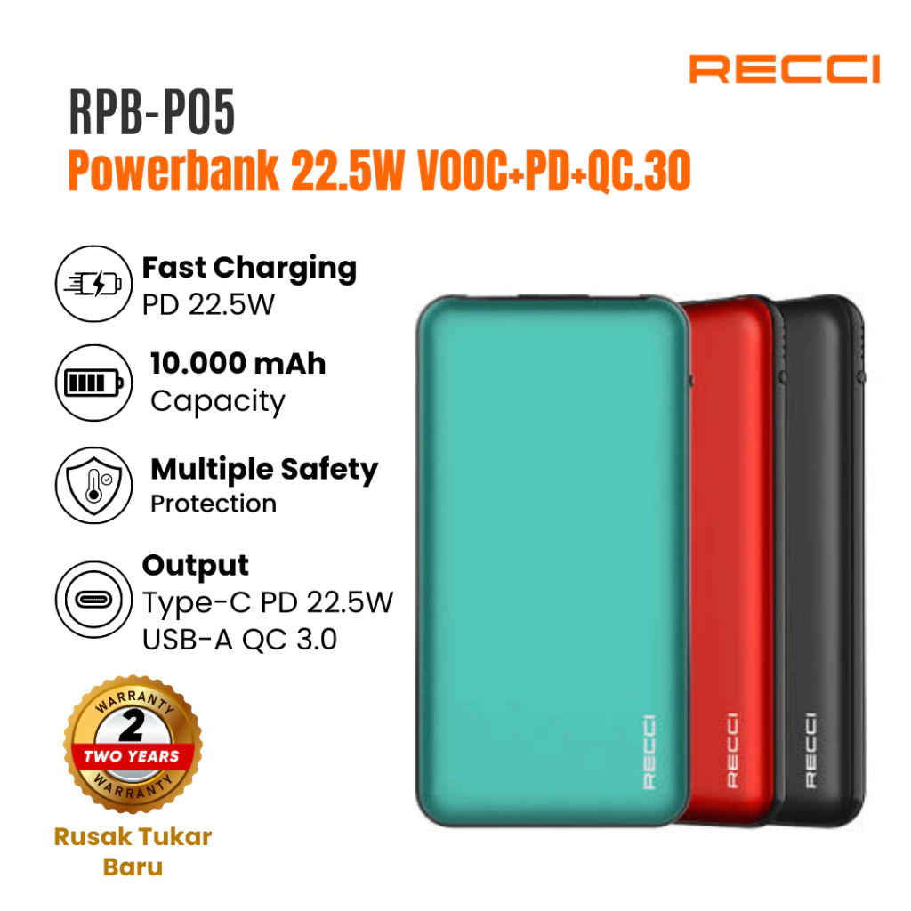 RECCI Powerbank 22.5W Fast Charging Full Protocol RPB-P05 Hitam/Merah/Hijau