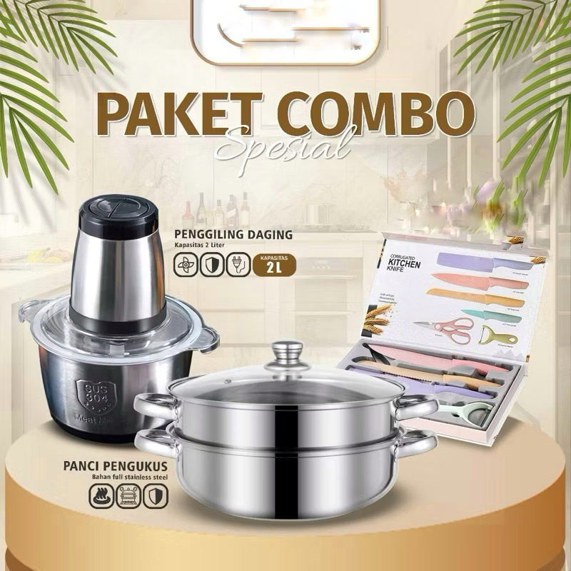 PAKET SPESIAL!! Chopper Stainless Steel 2L + Panci Steamer 28 CM Stainless Dengan Tutup Kaca + Pisau Dapur Set  PREMIUM